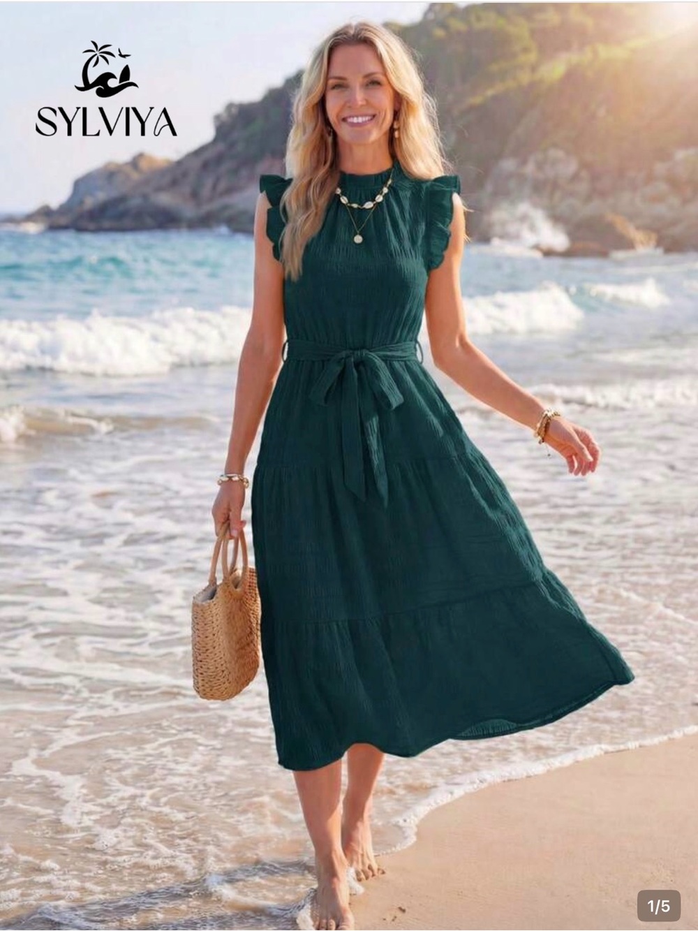 NEW: Women's Small Dark Green Tiered Belted Midaxi Dress